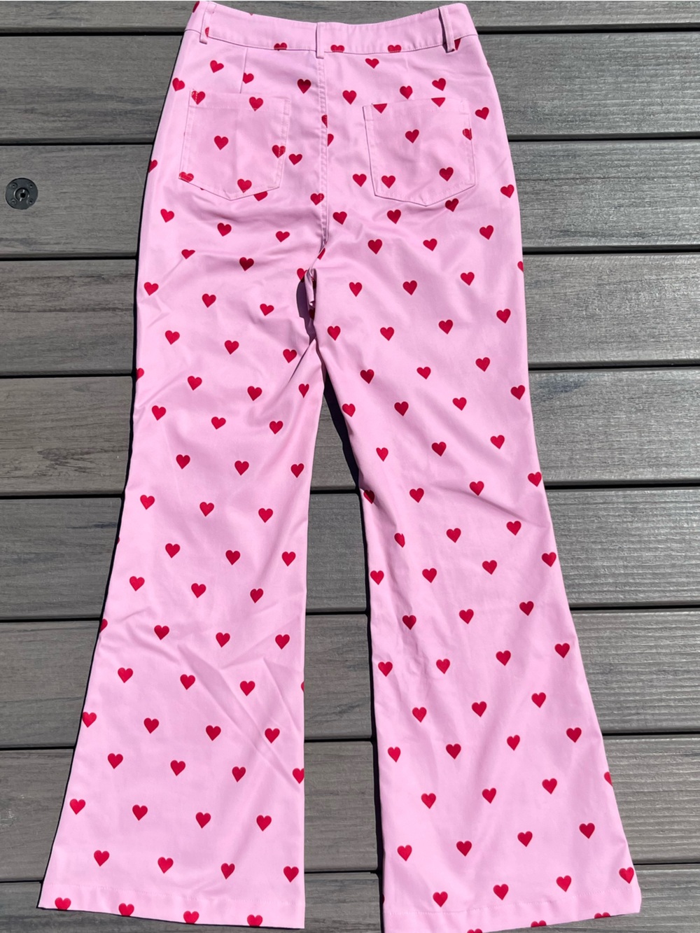 Cider; High Rise; Red Polka Dot Style Heart Print; Pink Flared Trousers; Small - Picture 10 of 10